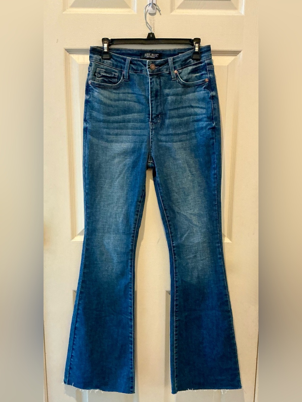 Judy Blue Mom Jean High Rise Fitted Control Top Flare Stretch Denim Raw Hem SZ 9